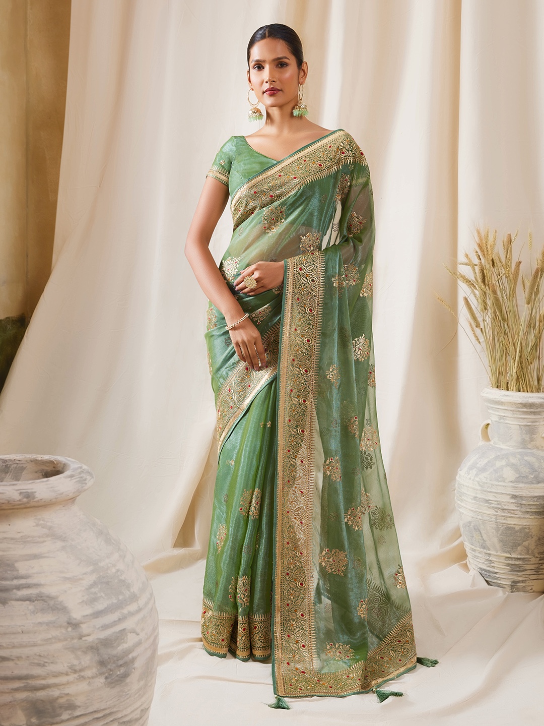 

Soch Ethnic Motifs Embroidered Pure Chiffon Saree, Green