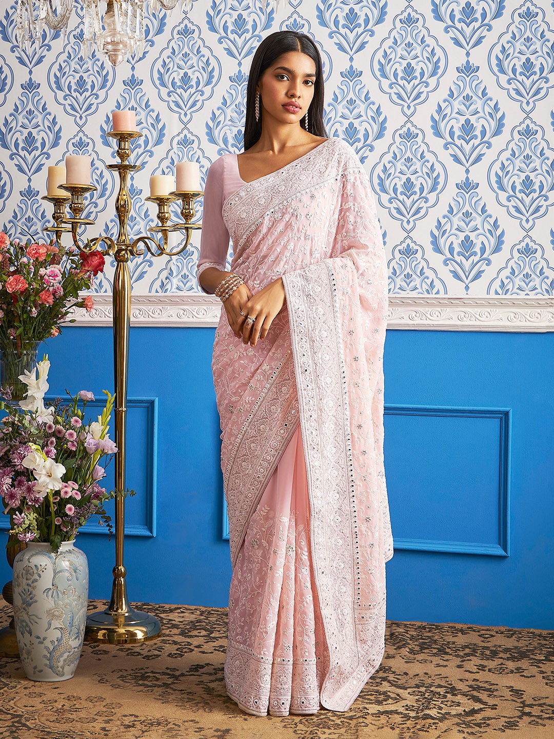 

Soch Floral Embroidered Pure Georgette Saree, Peach