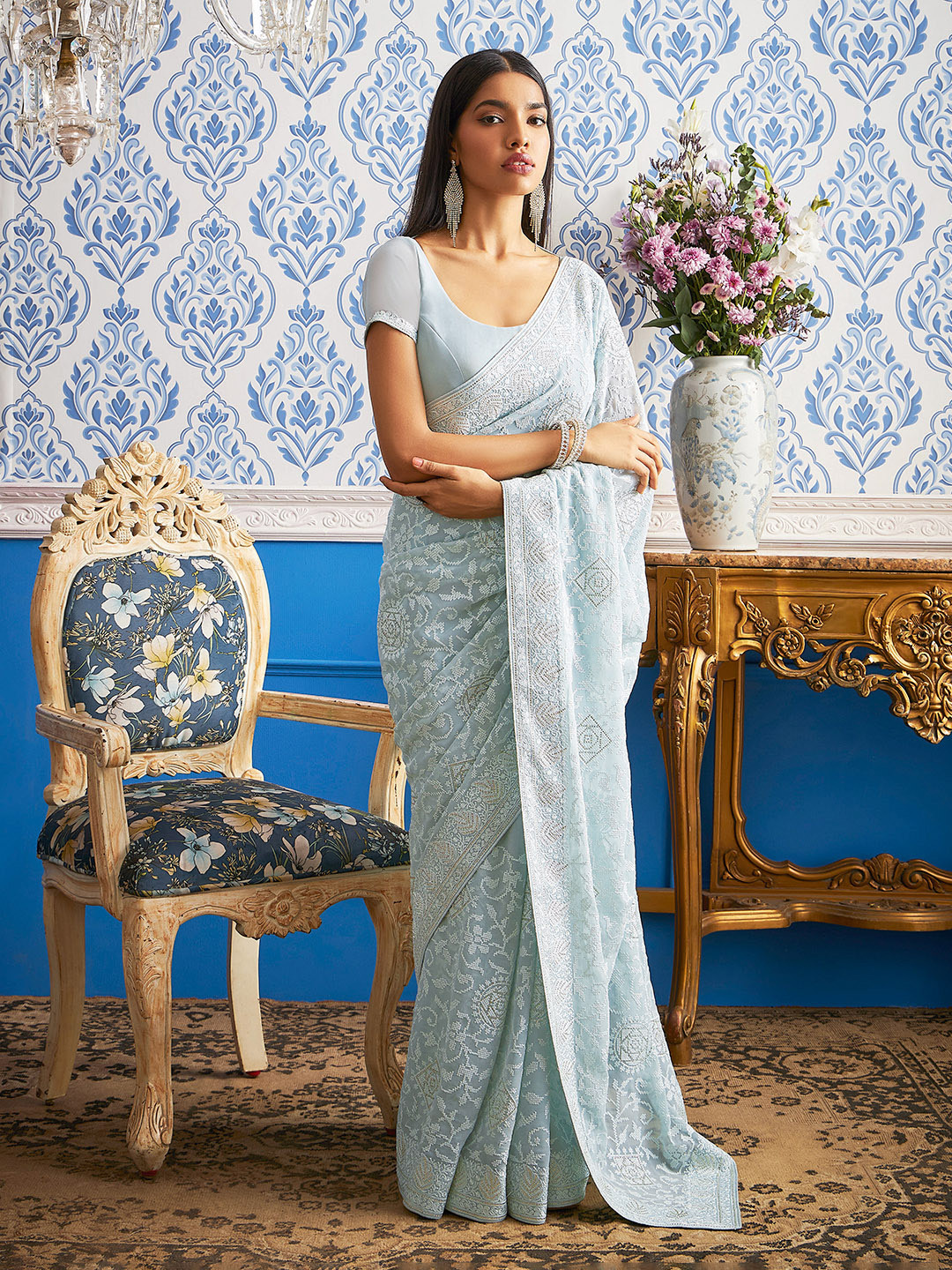 

Soch Floral Embroidered Pure Georgette Saree, Grey