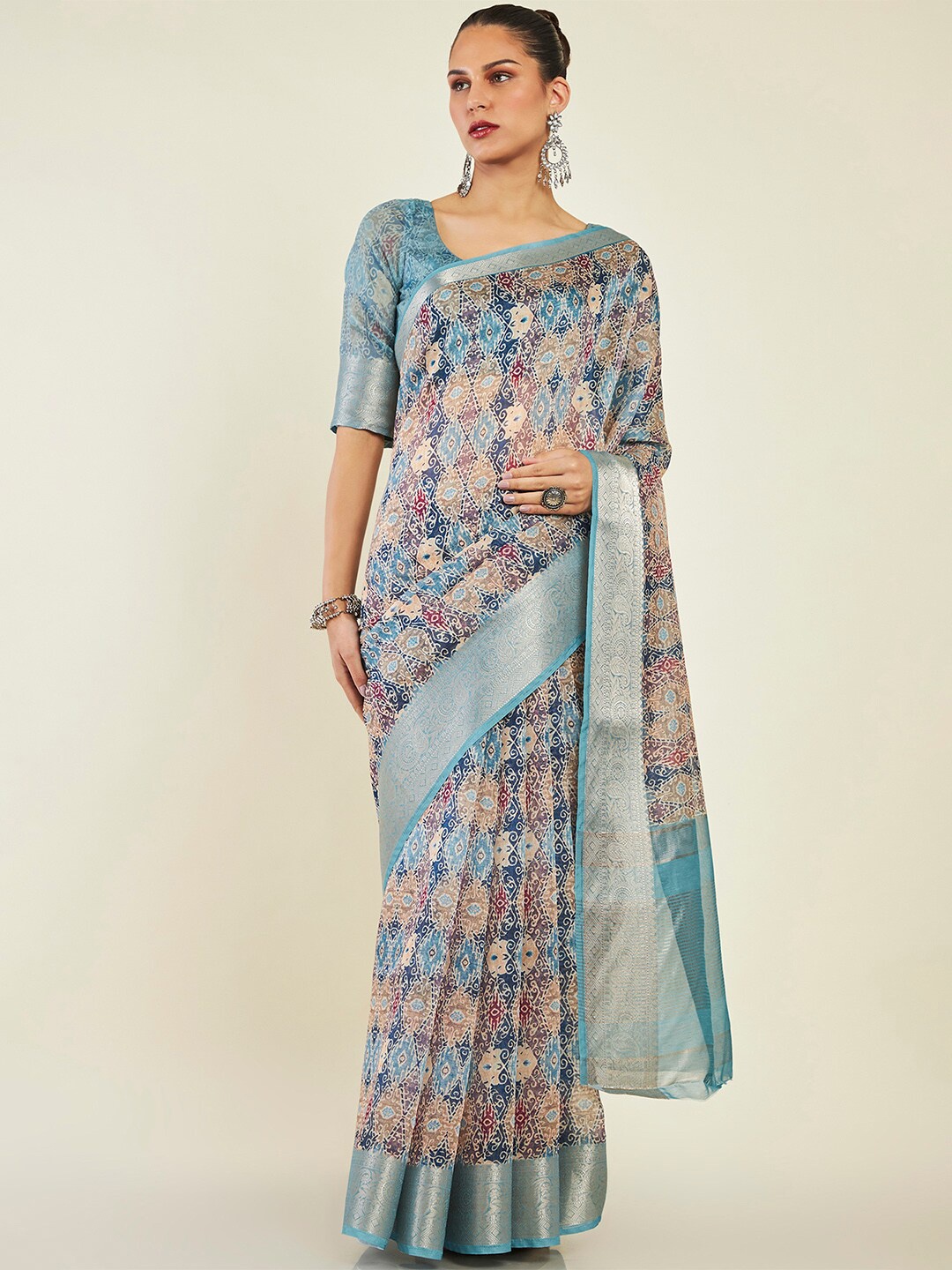 

Soch Ethnic Motifs Printed Zari Saree, Turquoise blue