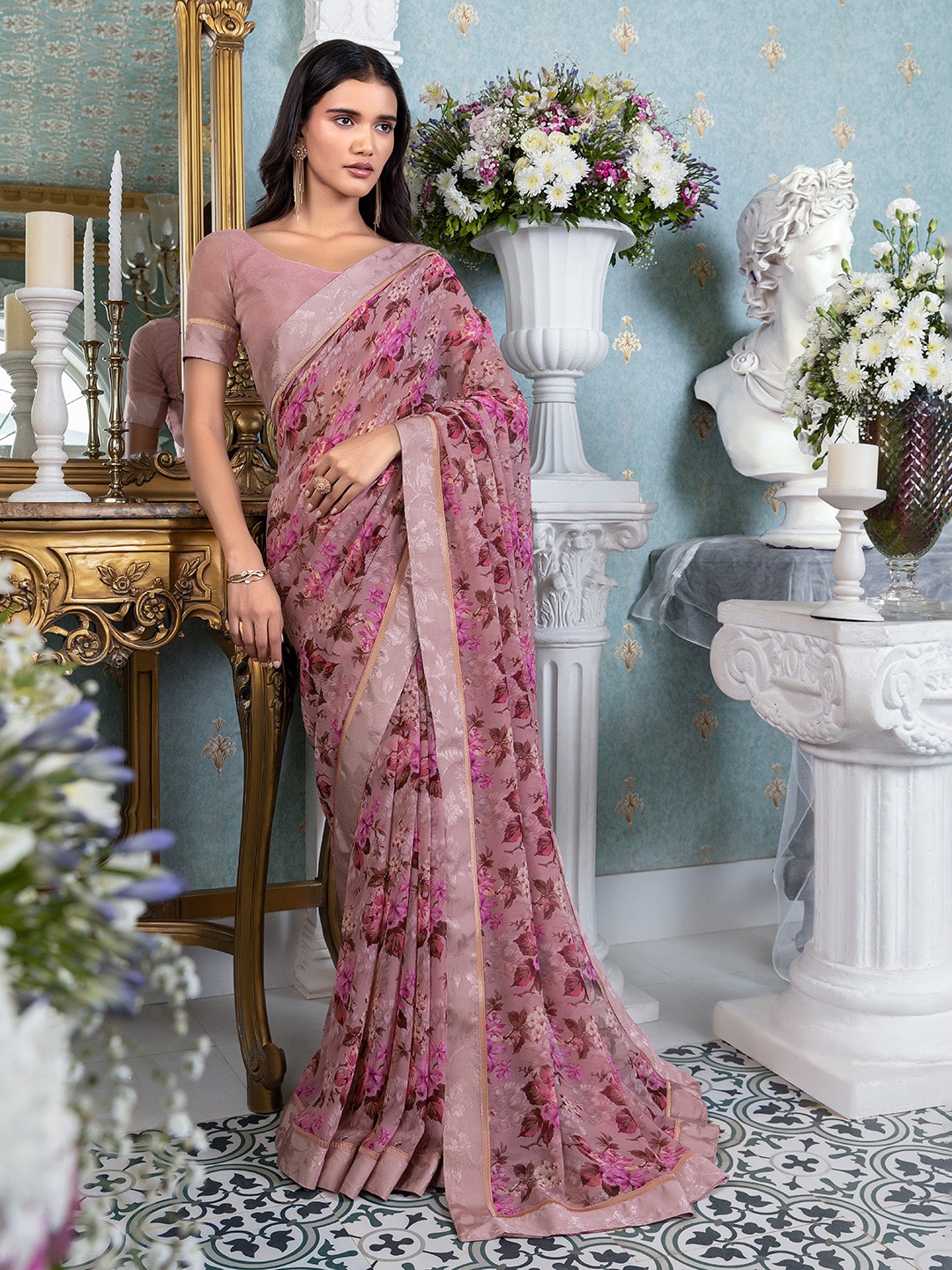 

Soch Floral Printed Pure Georgette Saree, Pink
