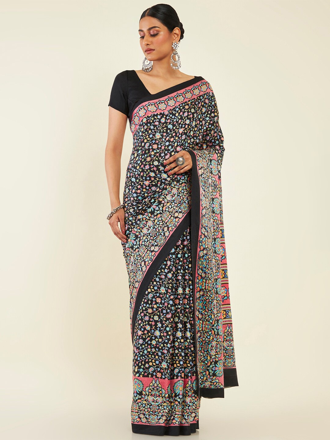 

Soch Black & Pink Floral Pashmina Saree