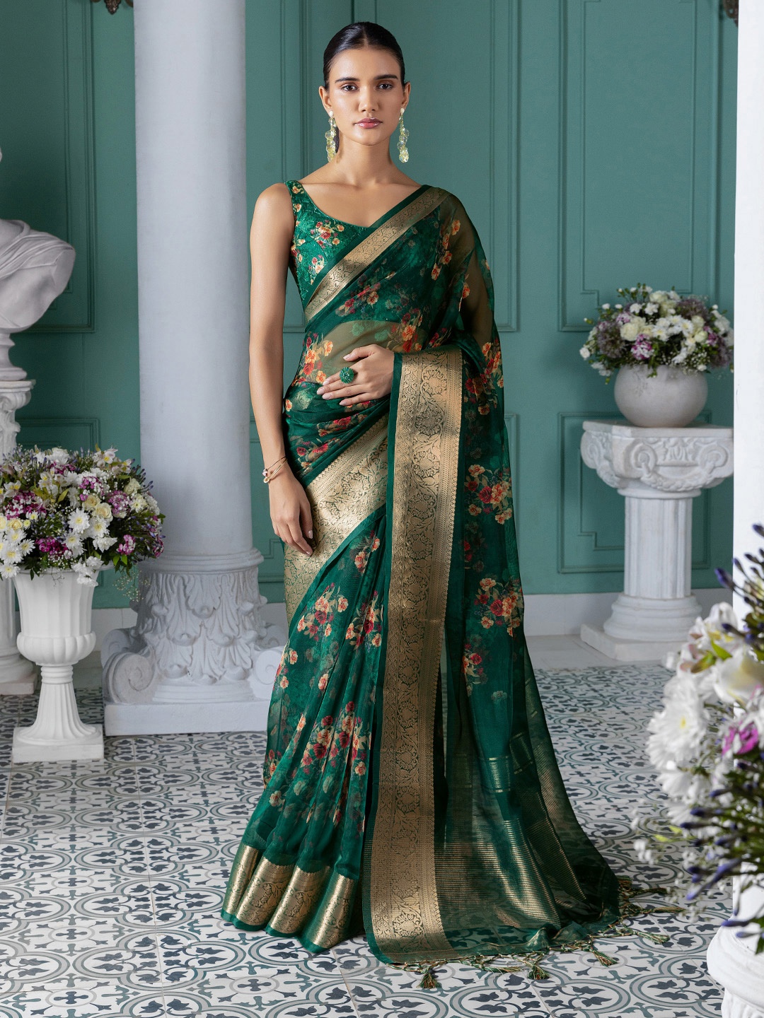 

Soch Floral Printed Zari Organza Saree, Teal