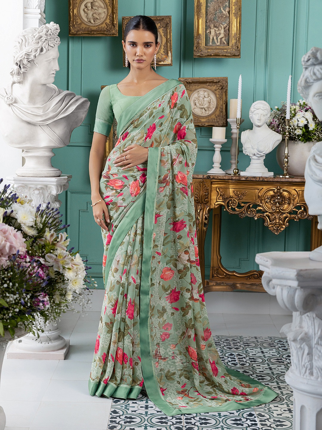 

Soch Floral Printed Pure Georgette Saree, Green