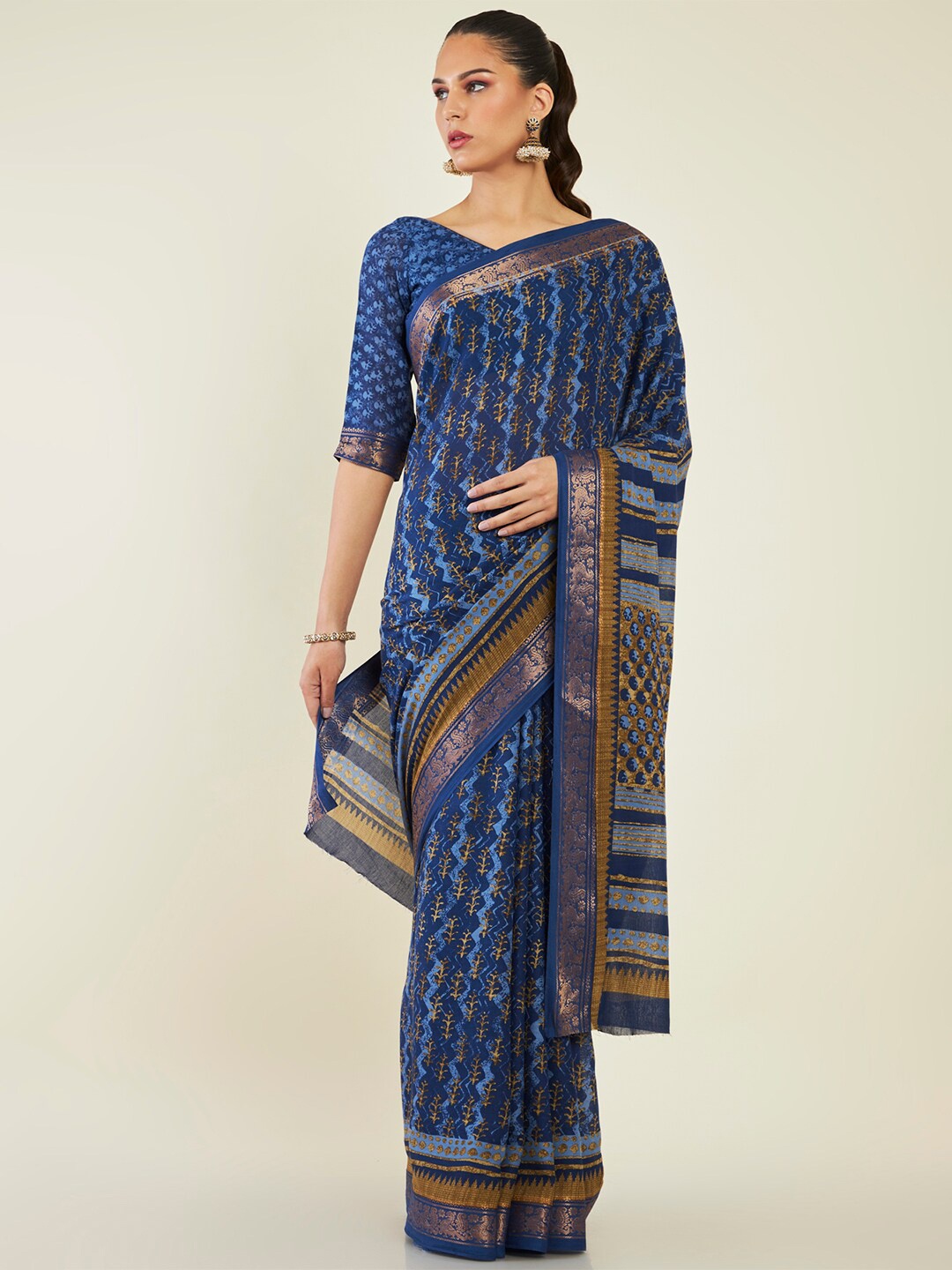 

Soch Floral Printed Zari Pure Cotton Saree, Blue