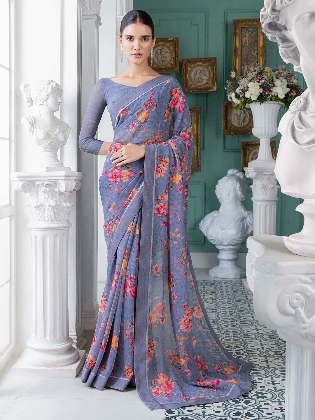 

Soch Floral Printed Pure Georgette Saree, Grey