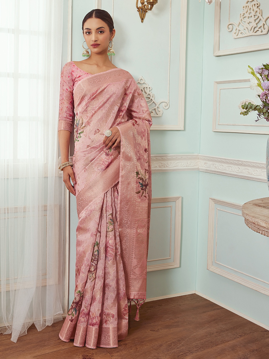 

Soch Floral Printed Zari Saree, Pink