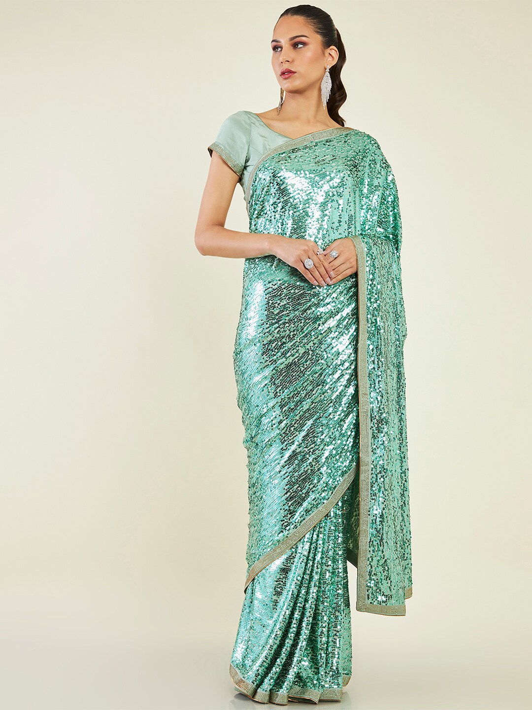 

Soch Embellished Sequined Saree, Green