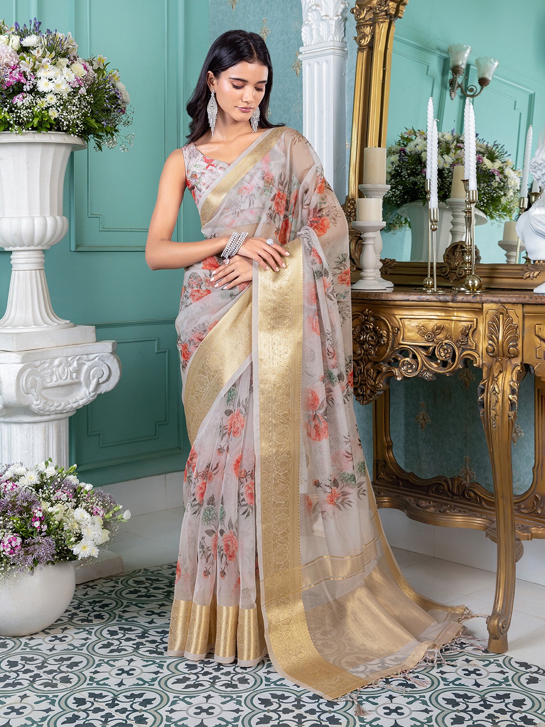 

Soch Floral Zari Organza Saree, Grey