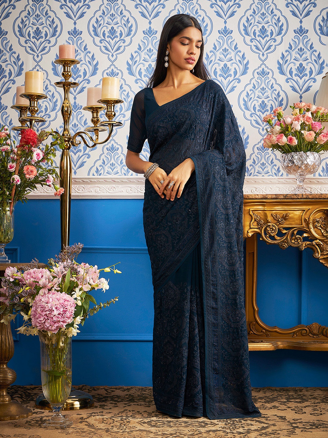 

Soch Ethnic Motifs Embroidered Saree, Navy blue