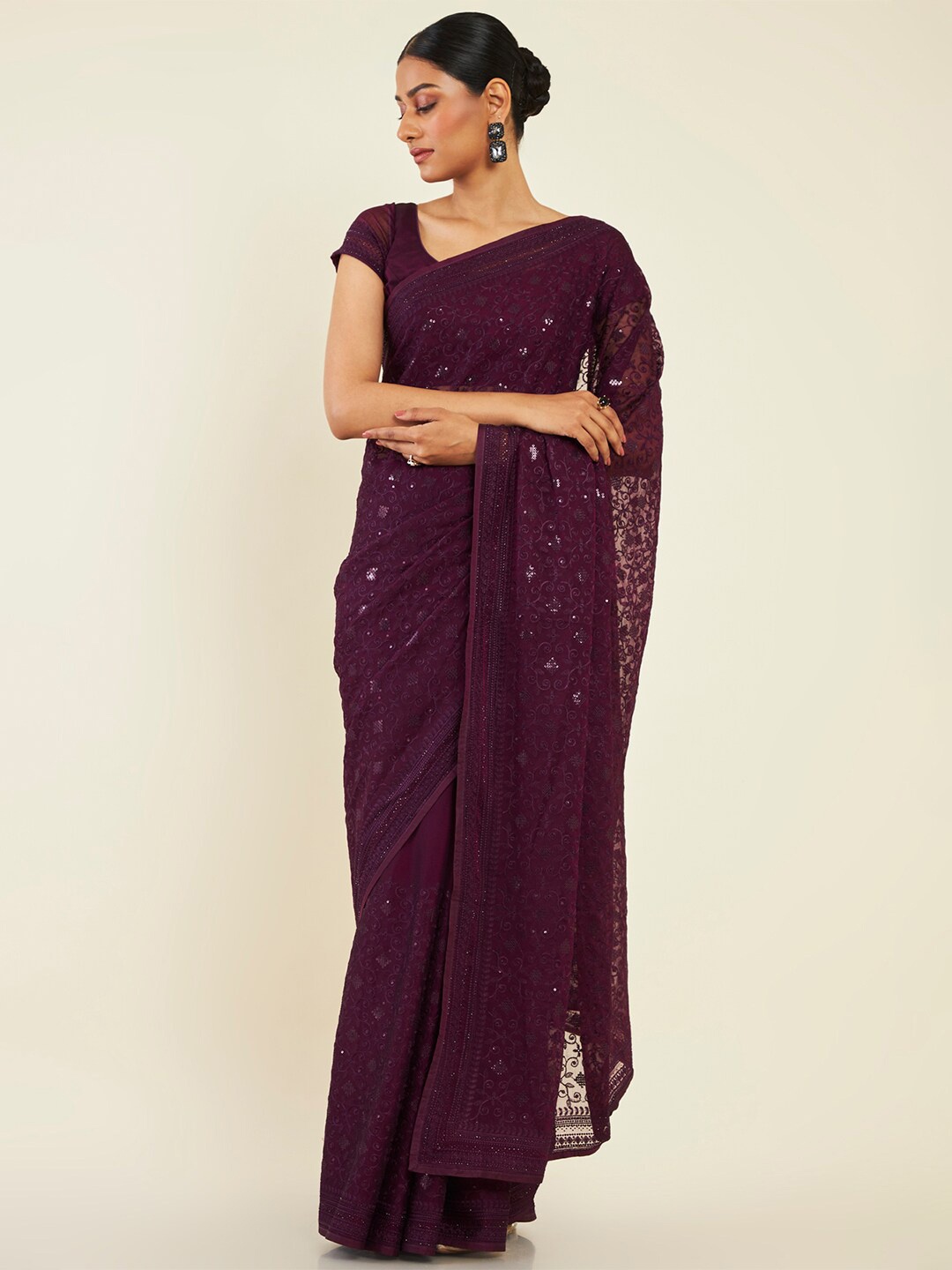 

Soch Sequinned Embroidered Pure Chiffon Heavy Work Saree, Burgundy
