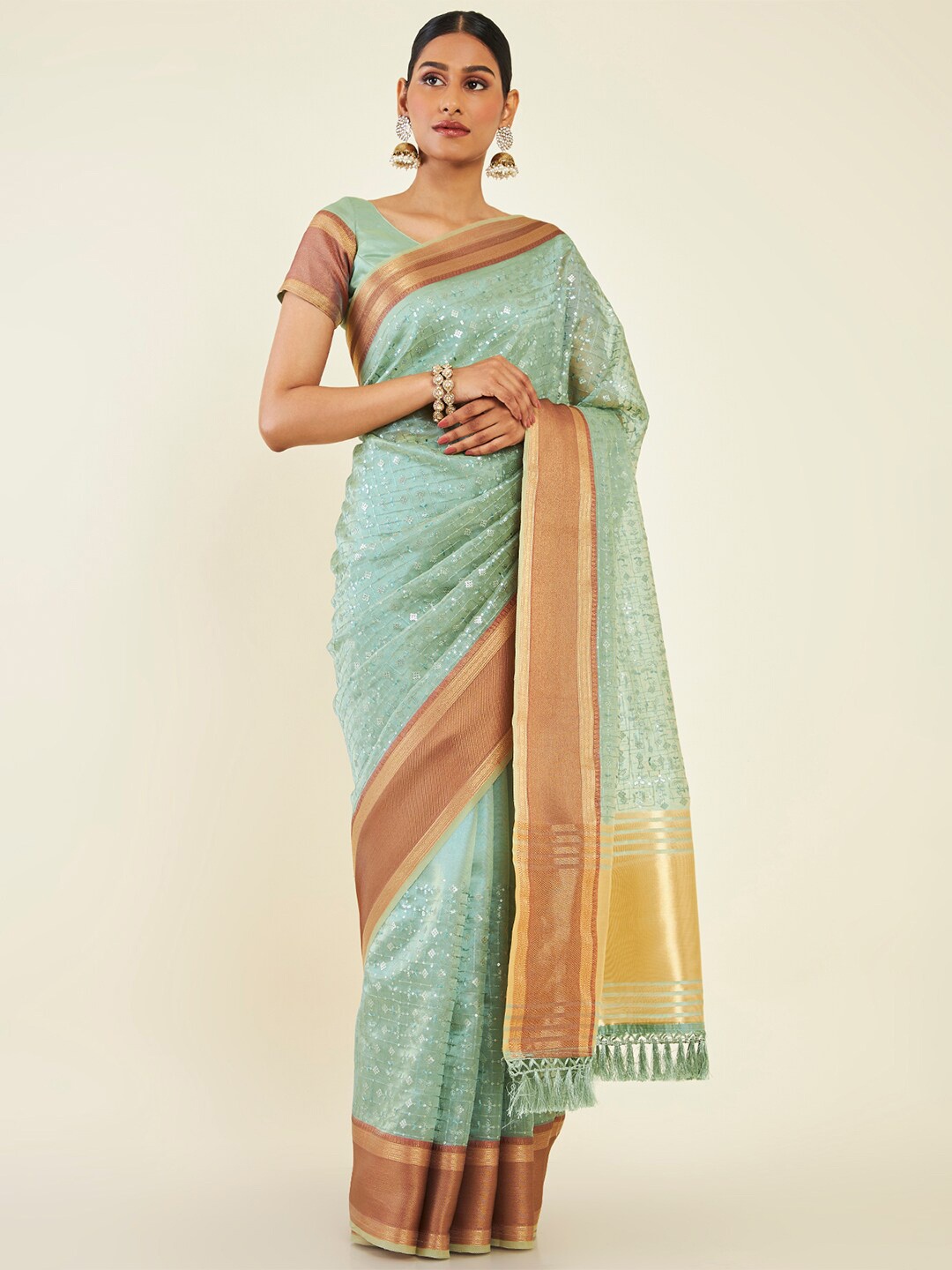 

Soch Sequinned Embellished Tissue Saree, Turquoise blue