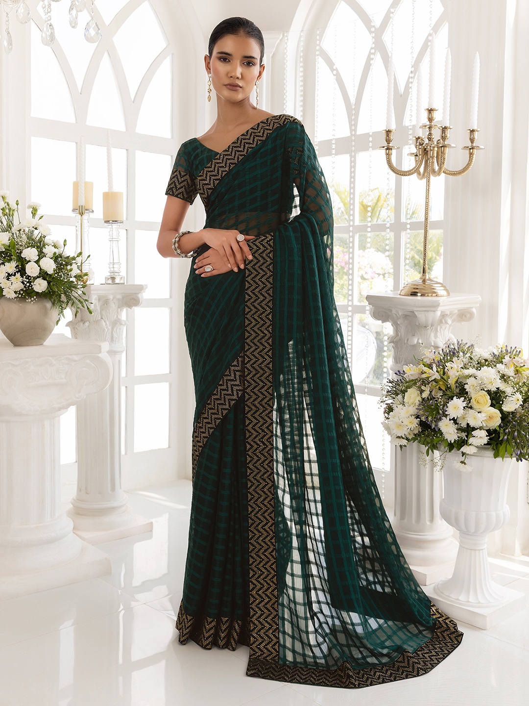 

Soch Checked Pure Chiffon Saree, Green