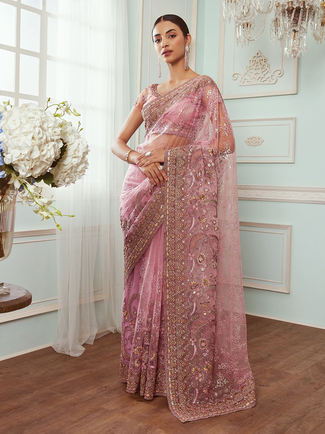 

Soch Sequinned Embellished Heavy Work Net Saree, Pink