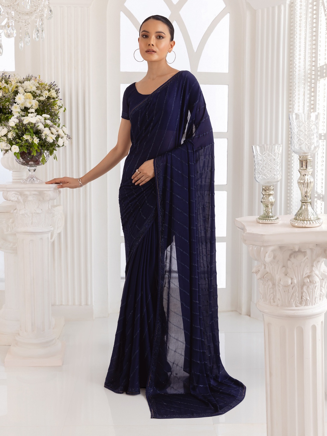 

Soch Beads And Stones Embellished Pure Chiffon Saree, Navy blue