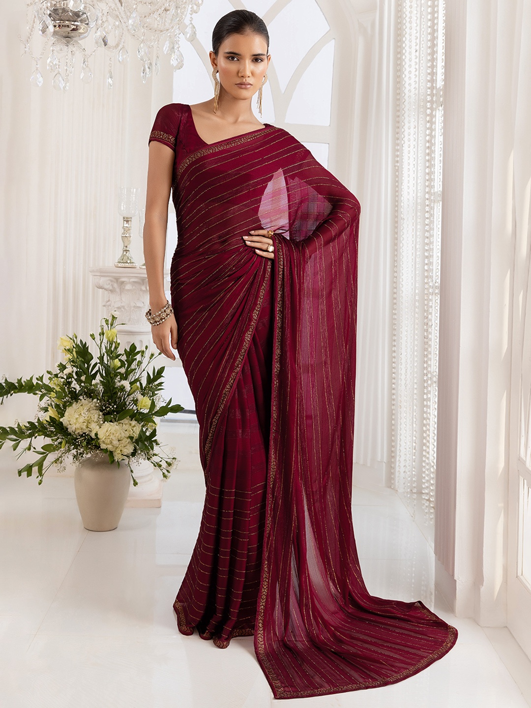 

Soch Beads And Stones Embellished Organza Saree, Maroon