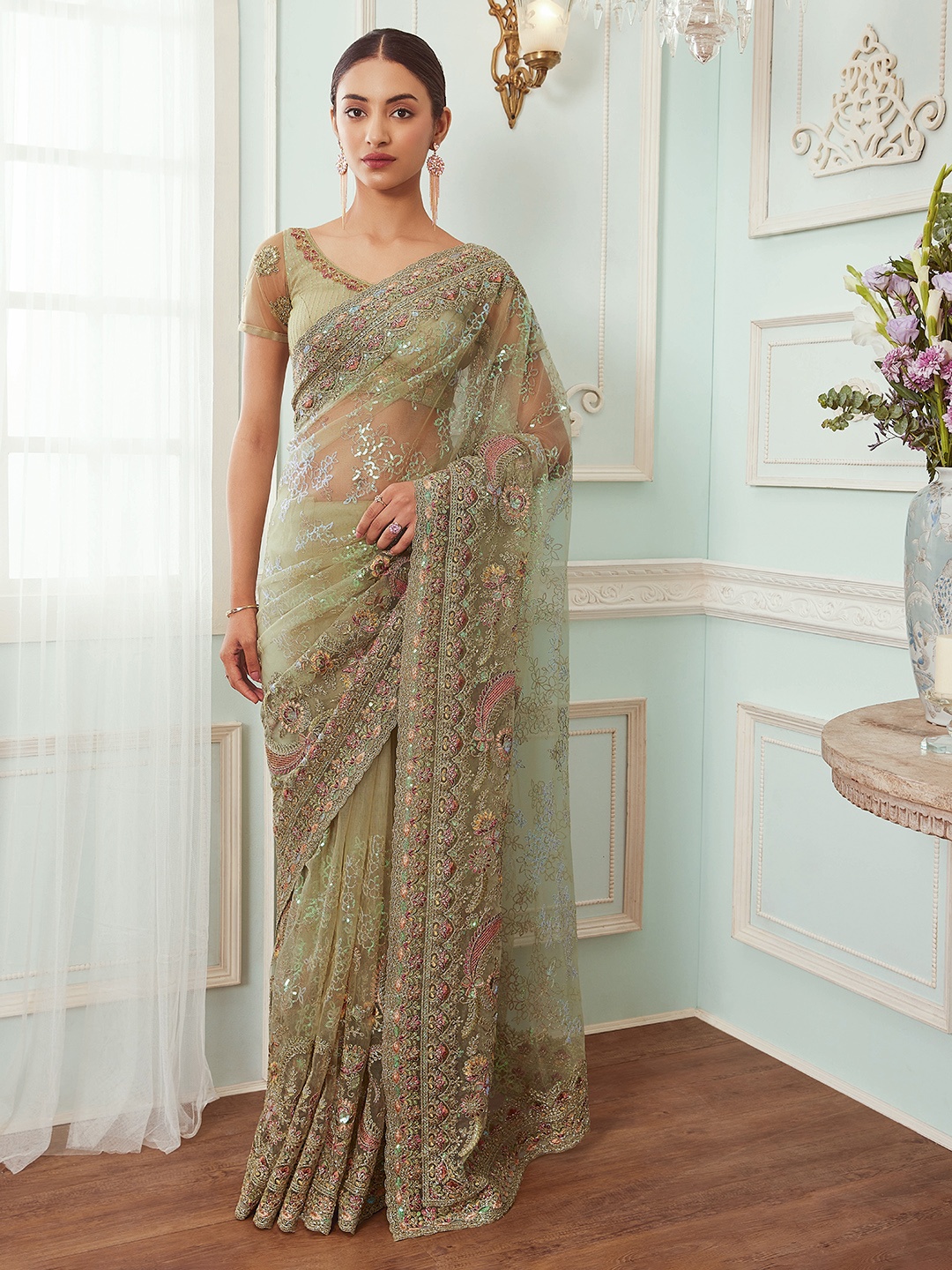 

Soch Sequinned Embellished Heavy Work Net Saree, Green