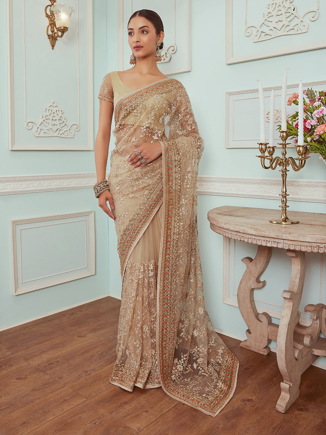 

Soch Floral Embroidered Net Saree, Beige