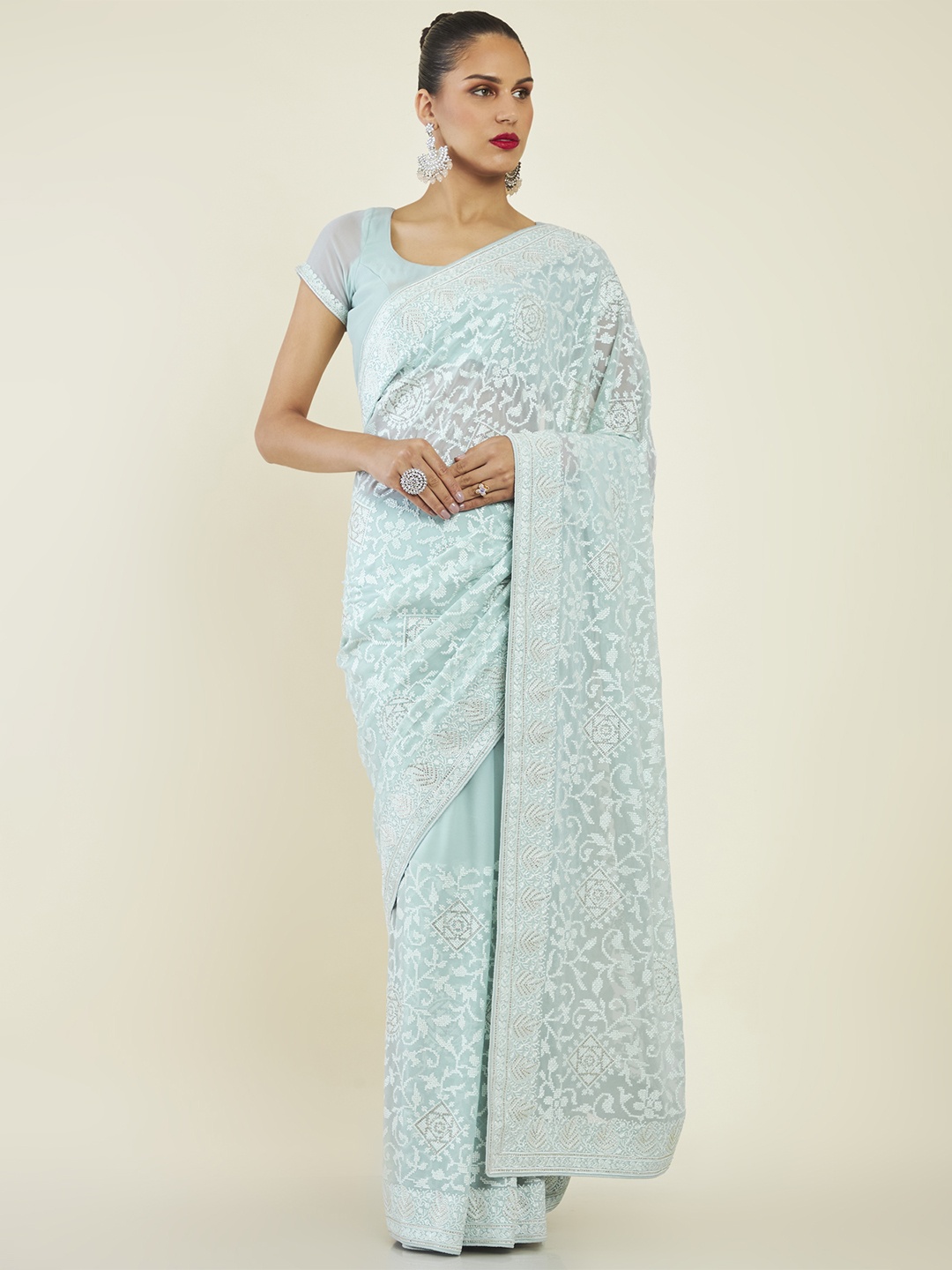 

Soch Geometric Printed Pure Georgette Saree, Green
