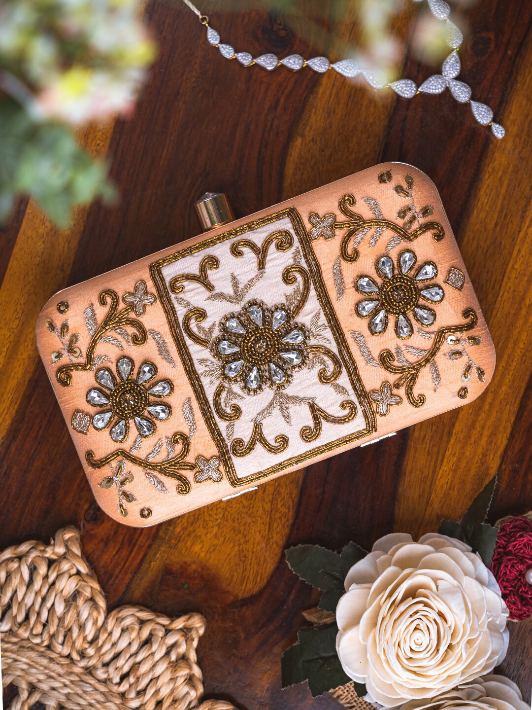 

NR By Nidhi Rathi Floral Embellished Box Clutch, Peach