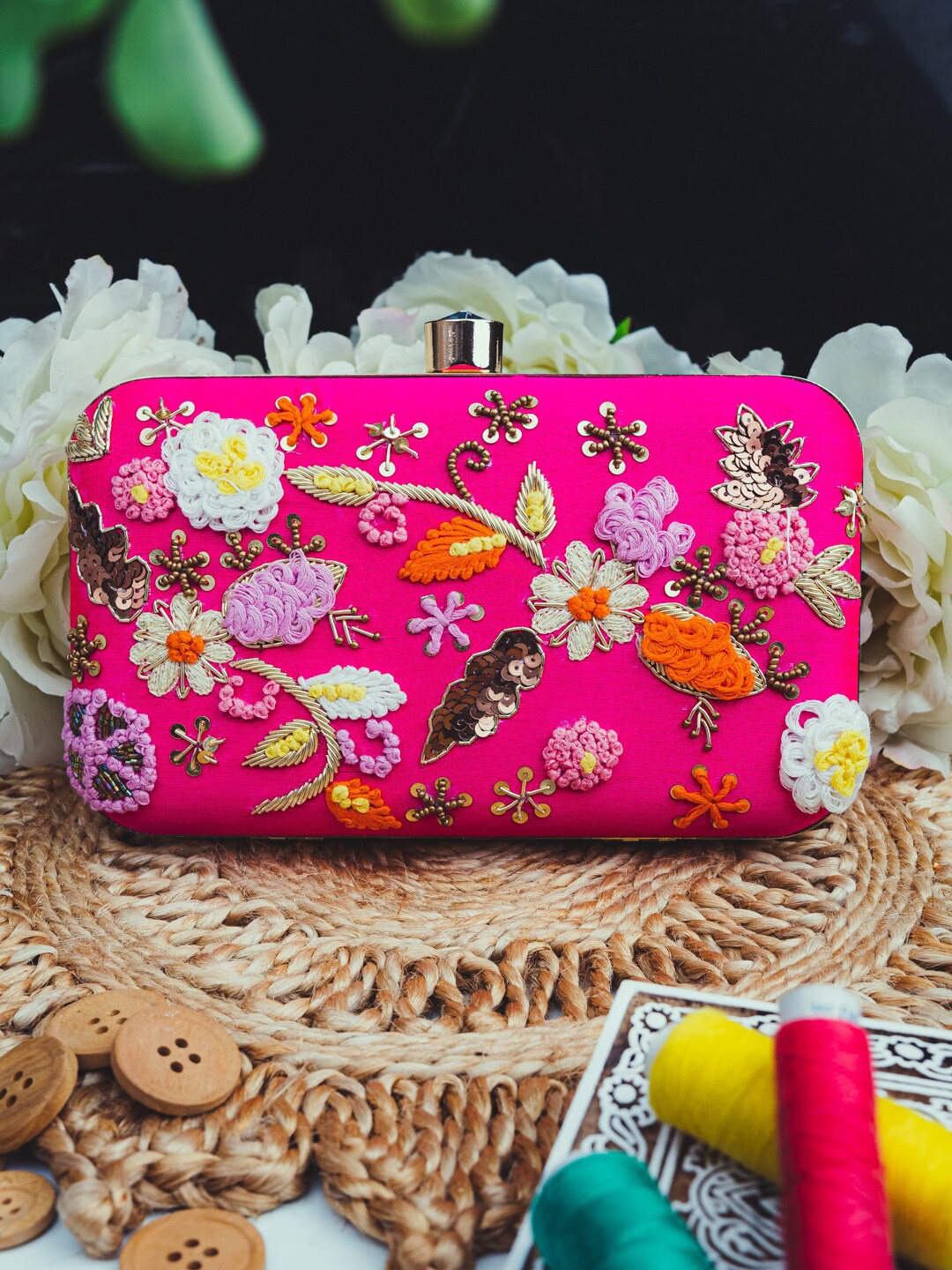 

NR By Nidhi Rathi Floral Embroidered Embellished Box Clutch, Pink