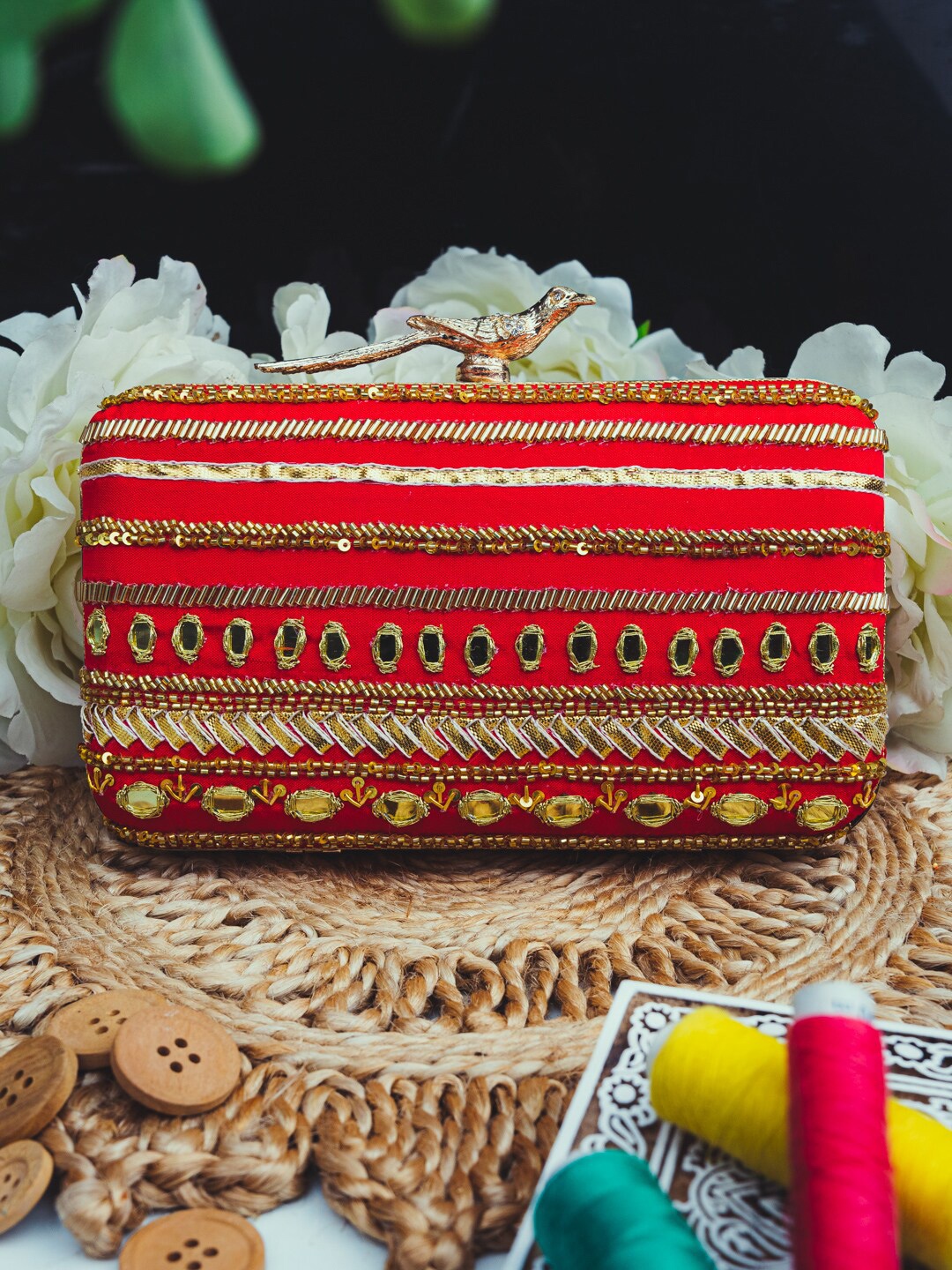 

NR By Nidhi Rathi Mirror Work Embellished Box Clutch, Red