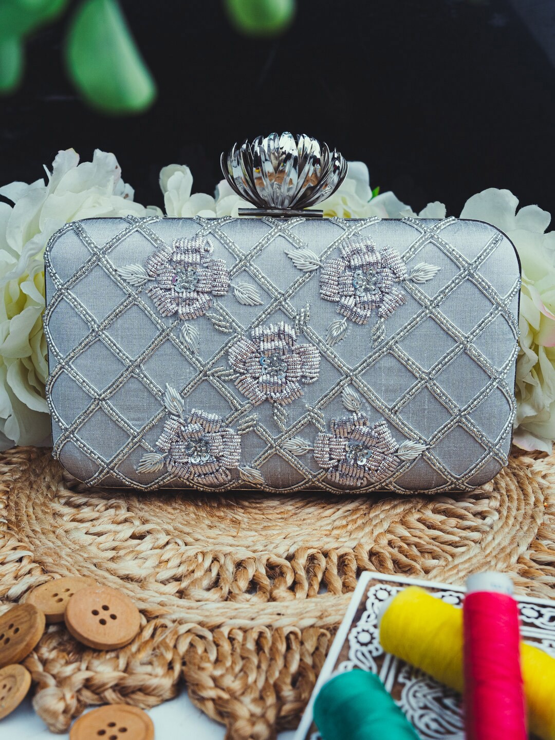 

NR By Nidhi Rathi Floral Embellished Party Box Clutch, Silver