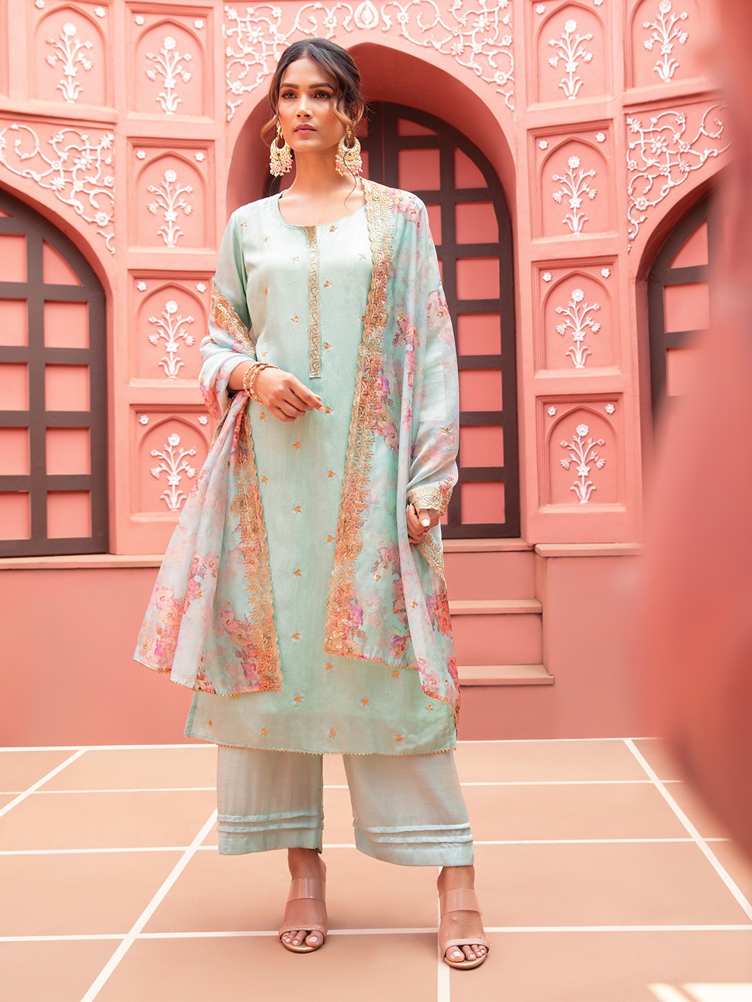 

Soch Embroidered SequinnedPure Silk Unstitched Dress Material, Turquoise blue