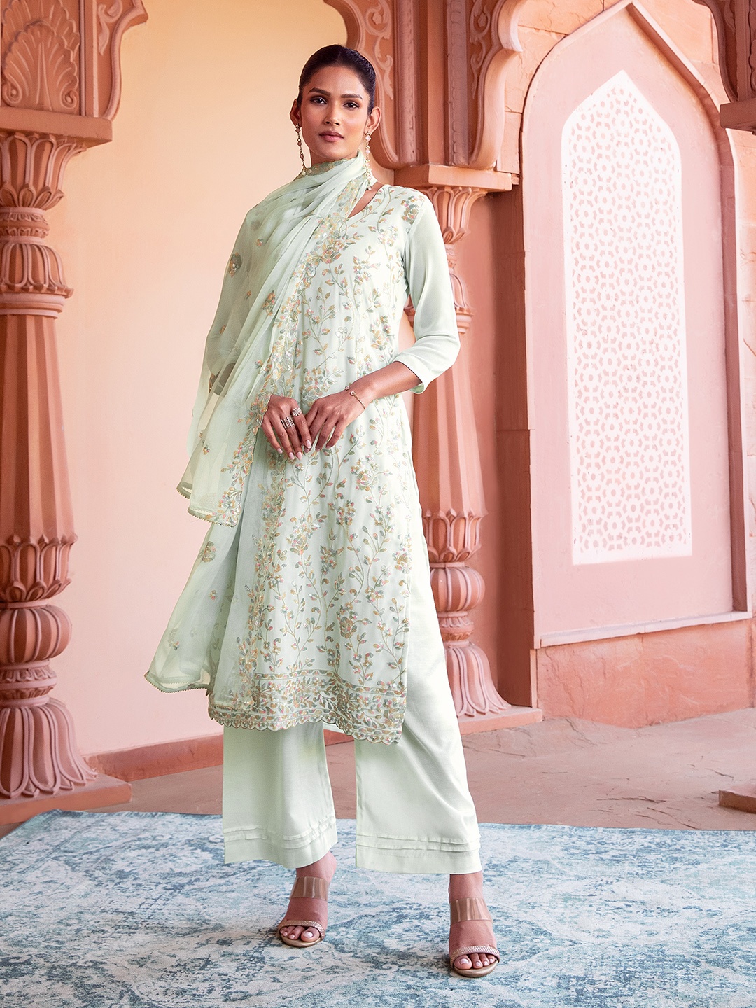 

Soch Floral Embellished Unstitched Dress Material, Sea green