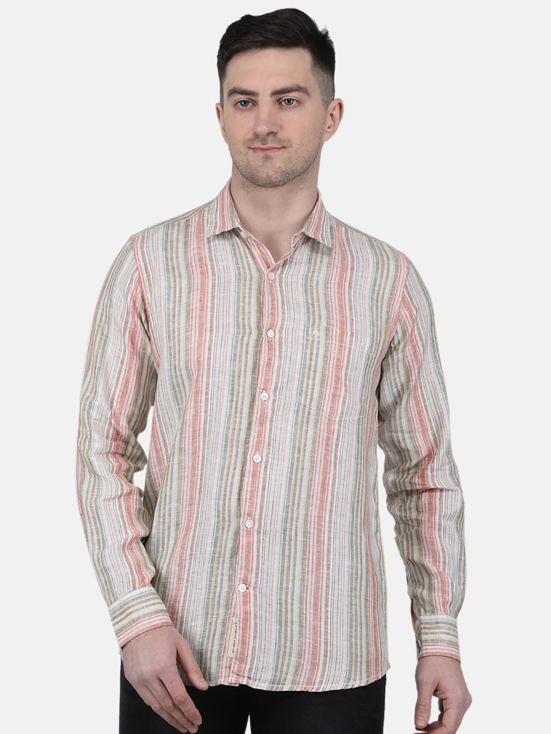 

Monte Carlo Spread Collar Striped Linen Casual Shirt, Beige