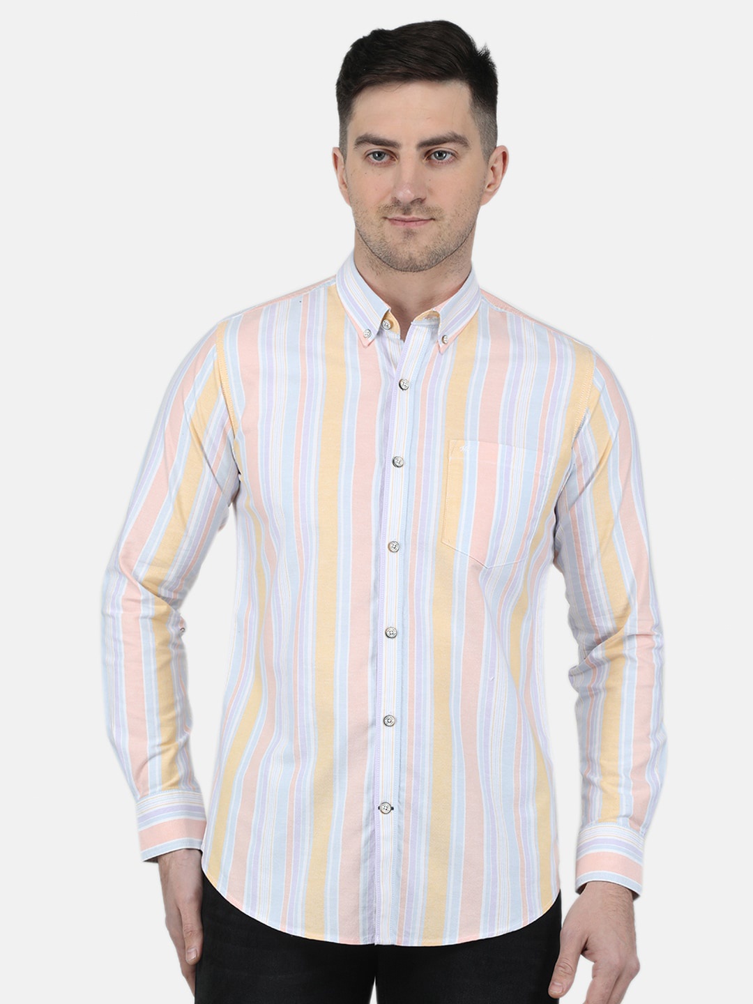 

Monte Carlo Button Down Collar Striped Casual Shirt, Orange