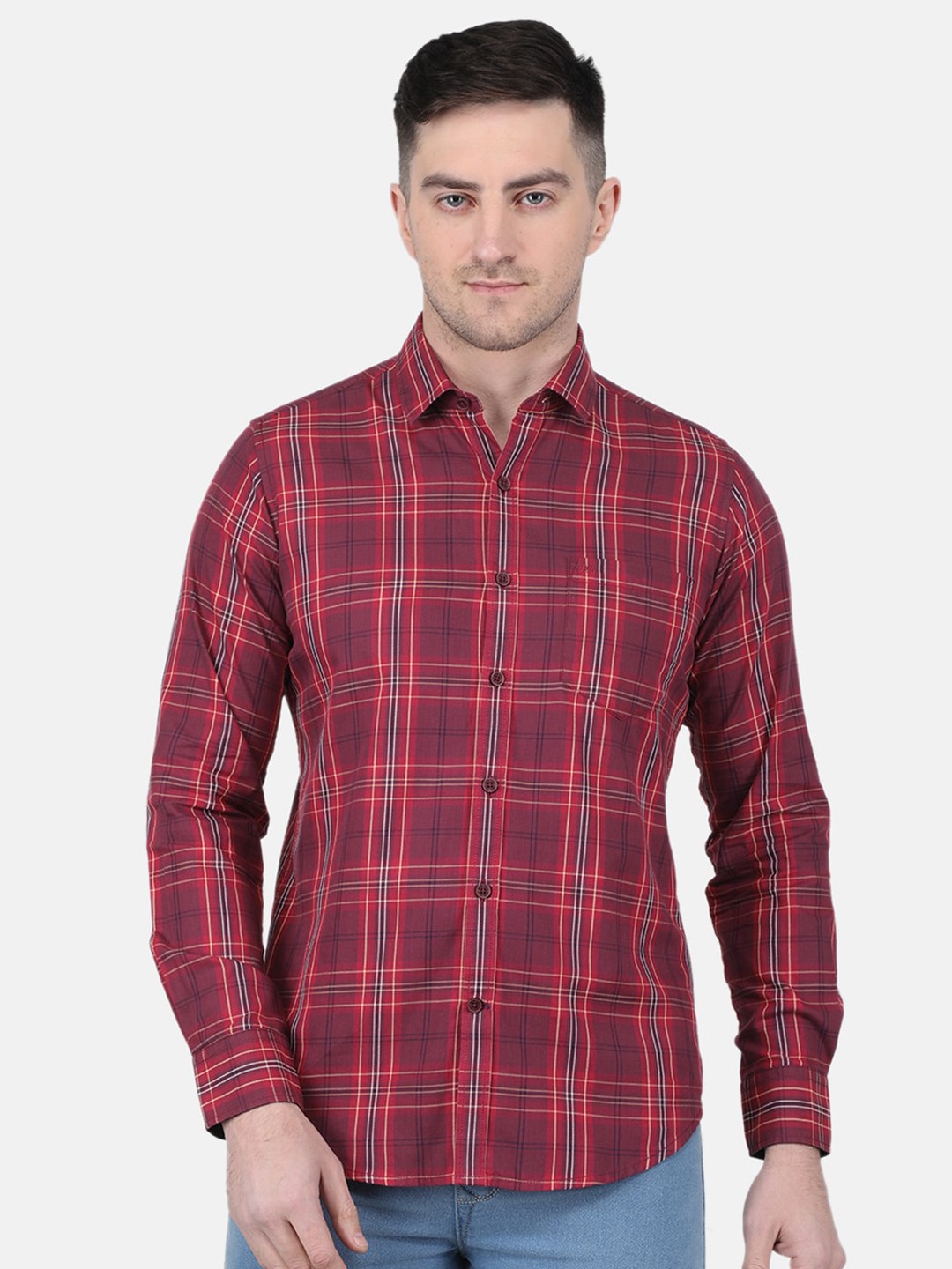

Monte Carlo Spread Collar Tartan Checks Casual Shirt, Maroon
