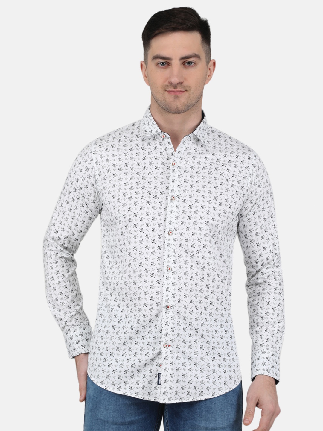 

Monte Carlo Straight Floral Printed Spread Collar Cotton Casual Shirt, White