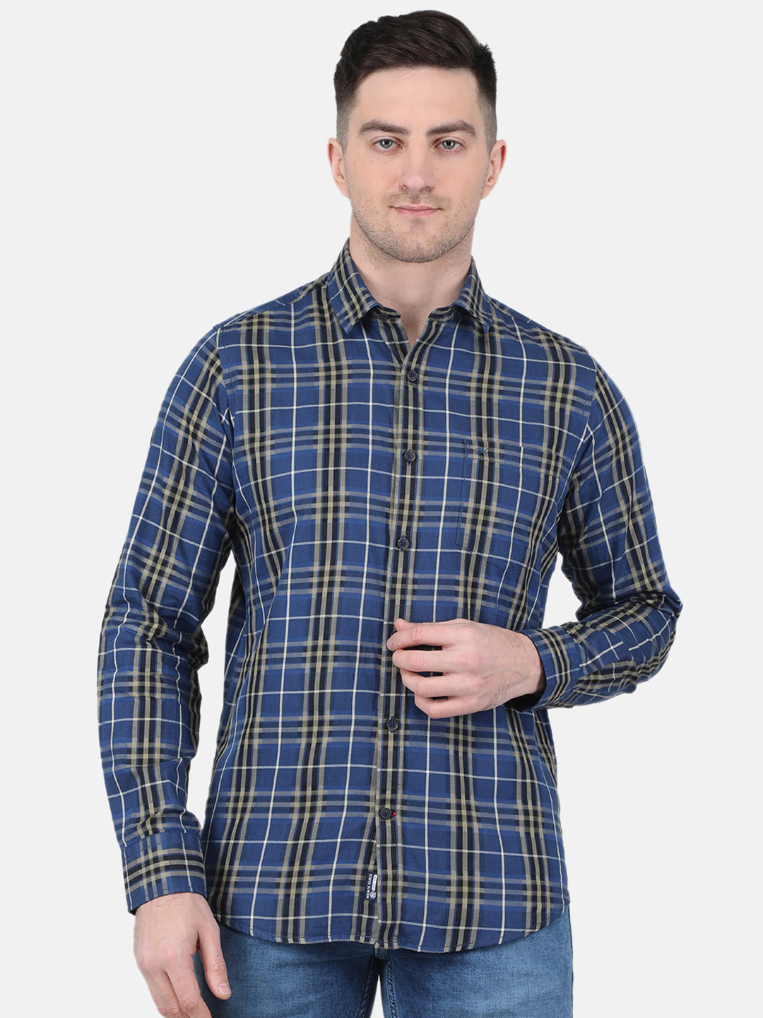 

Monte Carlo Straight Fit Spread Collar Tartan Checked Casual Shirt, Blue