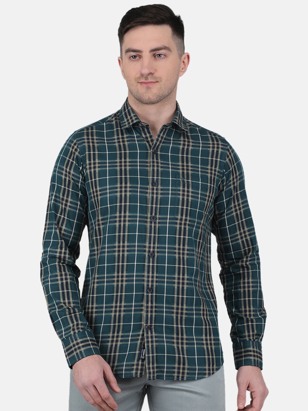 

Monte Carlo Straight Fit Spread Collar Tartan Checked Casual Shirt, Green