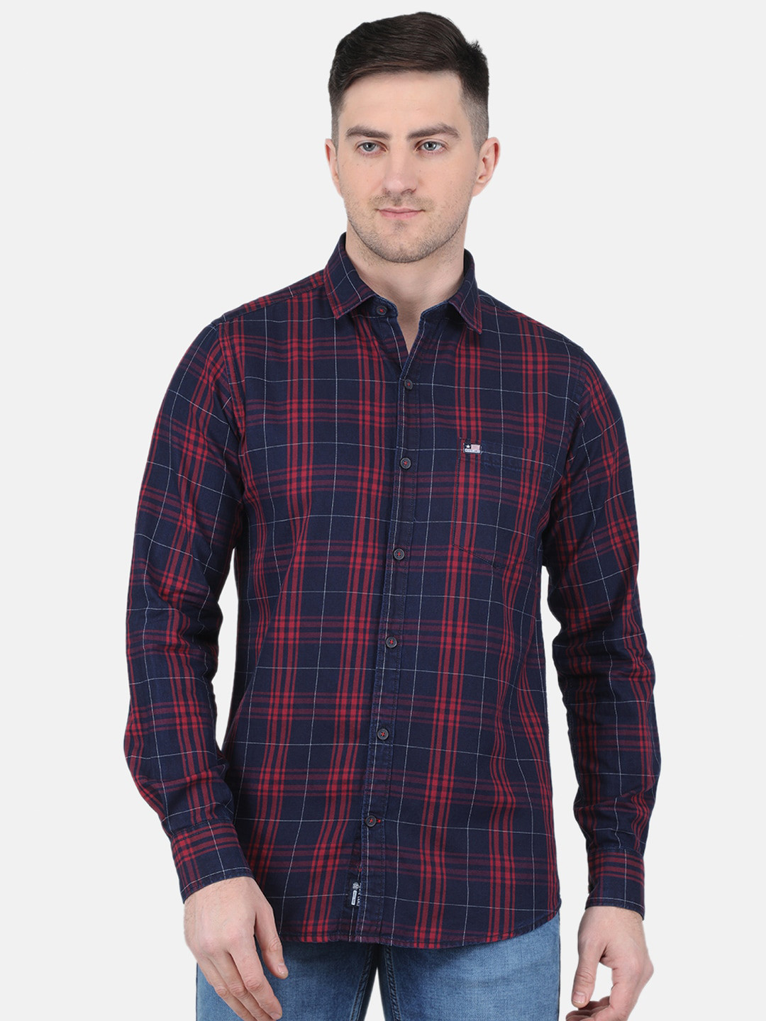 

Monte Carlo Straight Slim Fit Tartan Checked Opaque Casual Shirt, Maroon