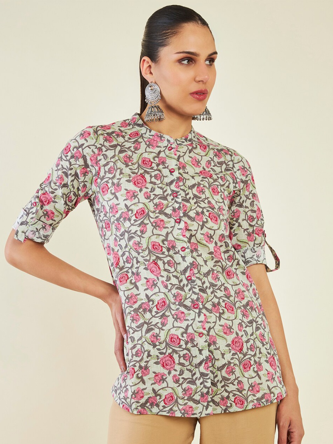 

Soch Floral Printed Mandarin Collar Cotton Tunic, Green