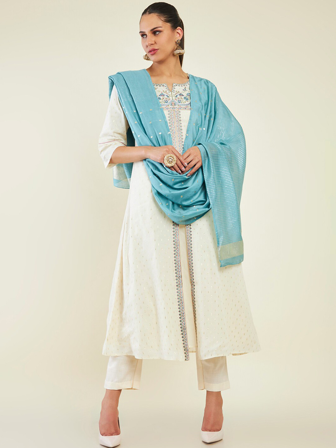 

Soch Ethnic Motifs Embroidered Thread Work Pure Cotton Kurta with Trousers & With Dupatta, Off white