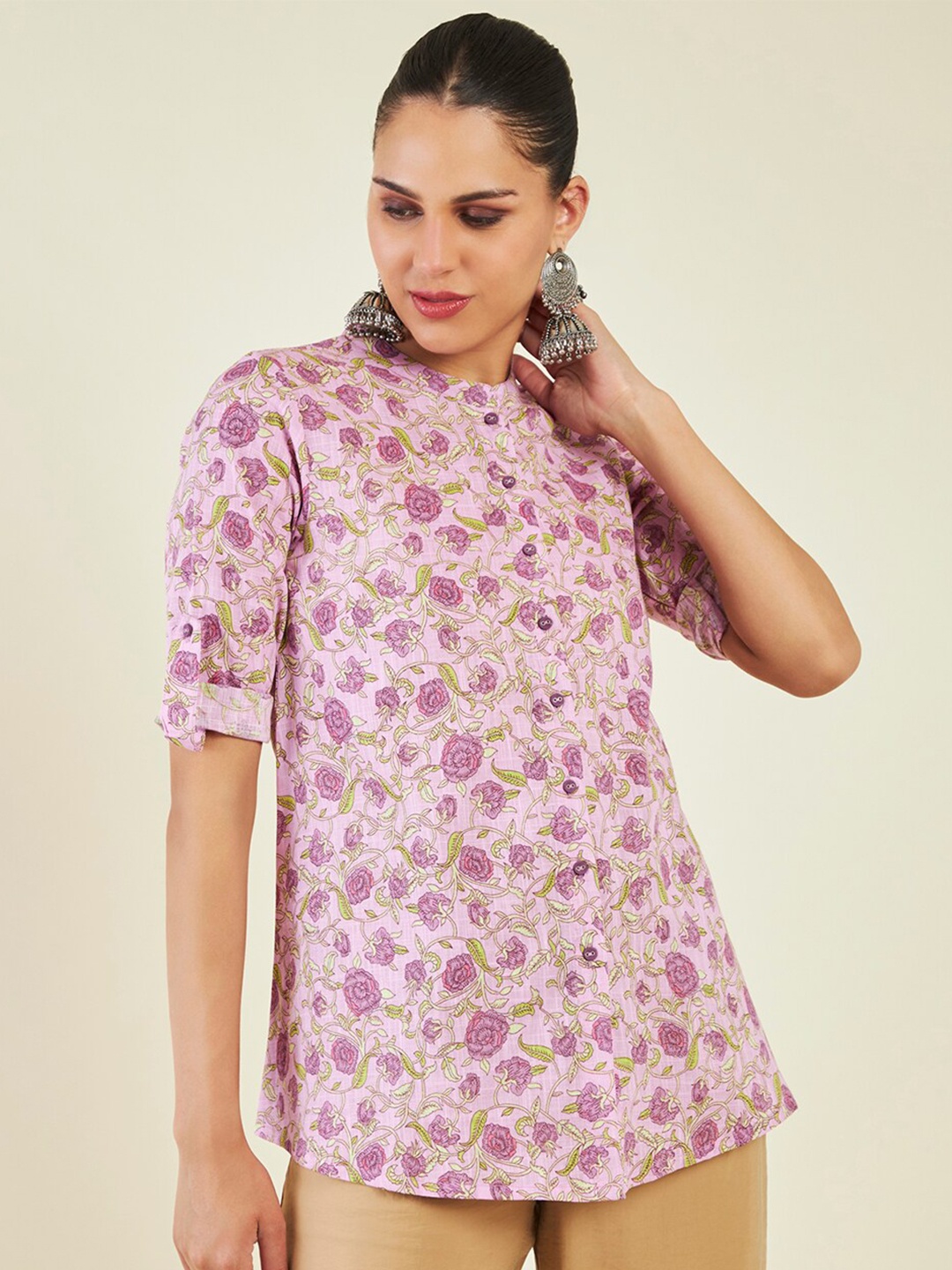 

Soch Floral Printed Band Collar Cotton Tunic, Purple