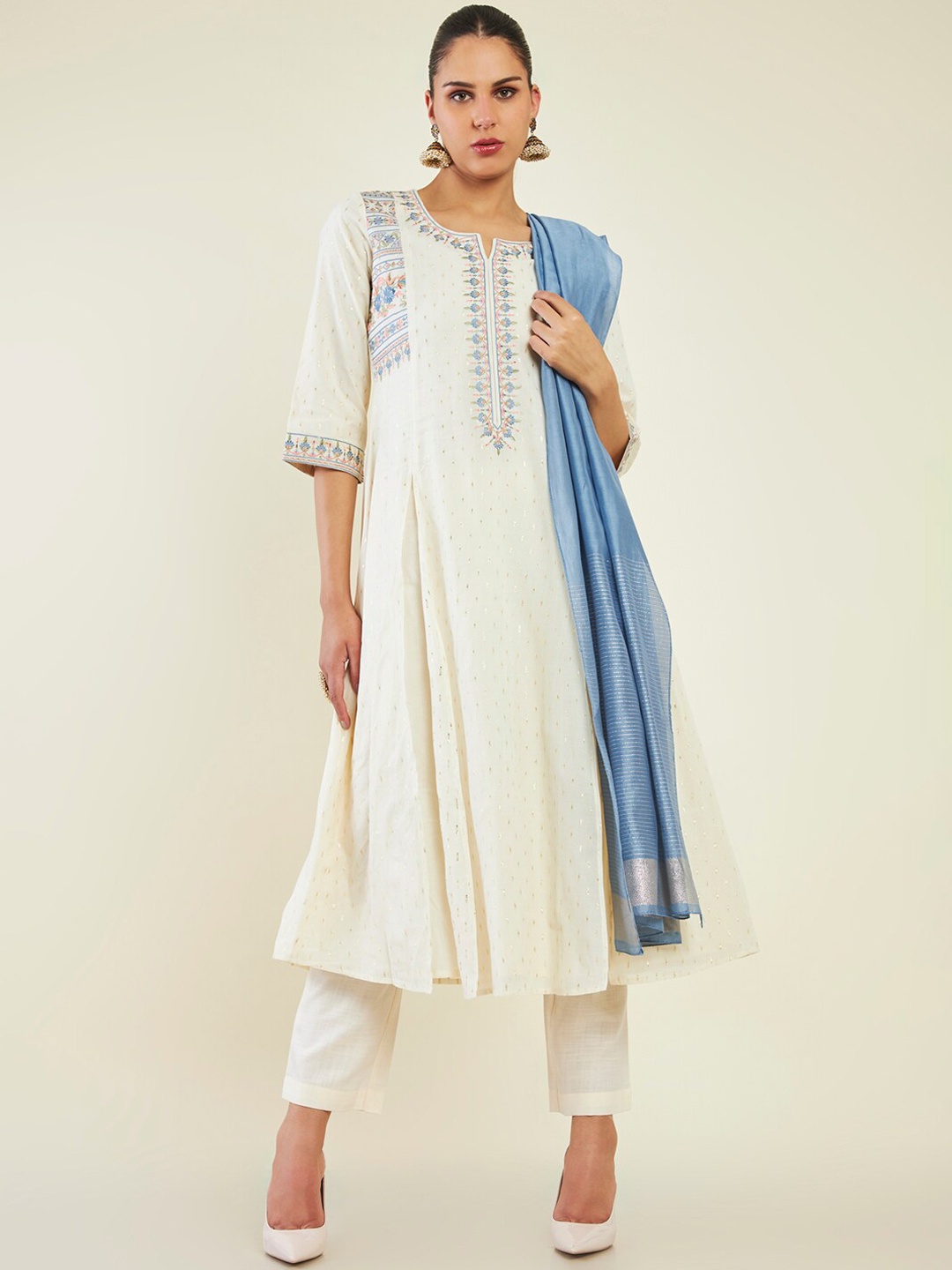 

Soch Ethnic Motifs Embroidered Thread Work Pure Cotton Kurta with Trousers & With Dupatta, Off white