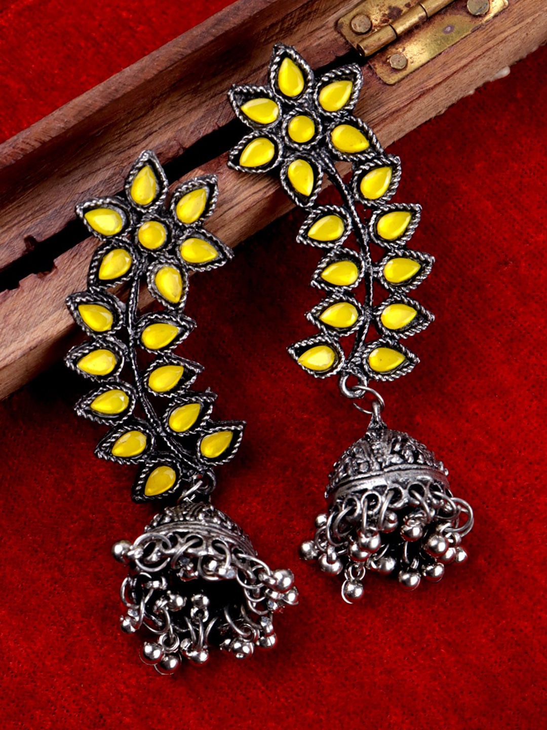 

Krelin Floral Leaf Shaped Oxidised Jhumki Earrings, Yellow