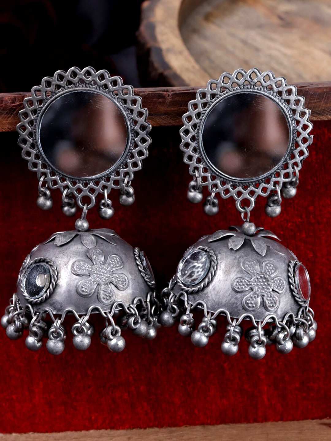 

Krelin Round Mirror Jhumka Earrings, Silver