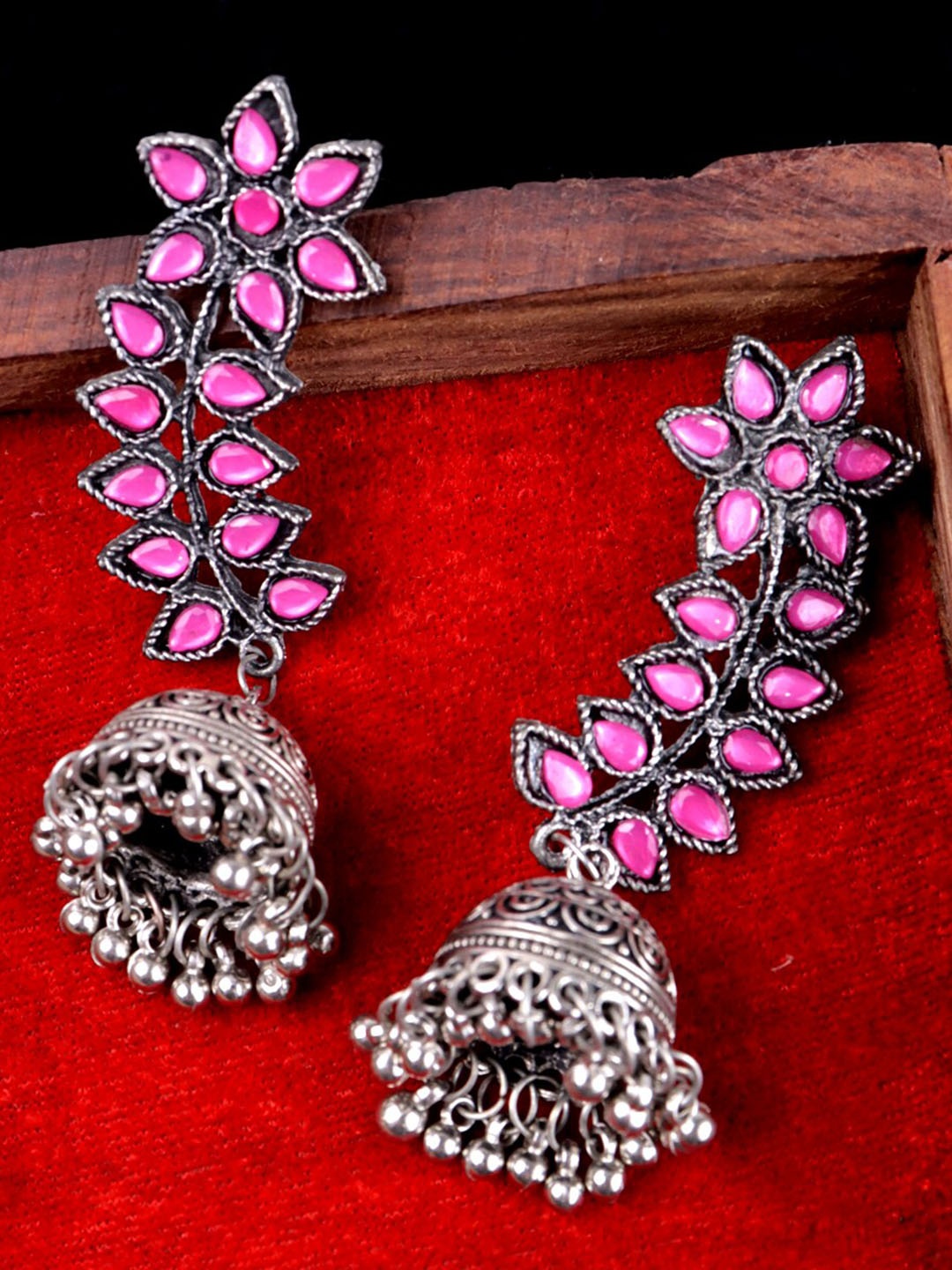 

Krelin Floral Leaf Shaped Oxidised Jhumki Earrings, Pink