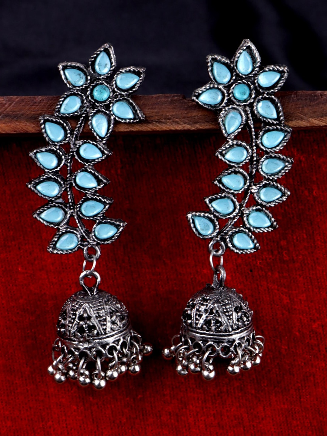 

Krelin Floral Leaf Shaped Oxidised Jhumki Earrings, Blue