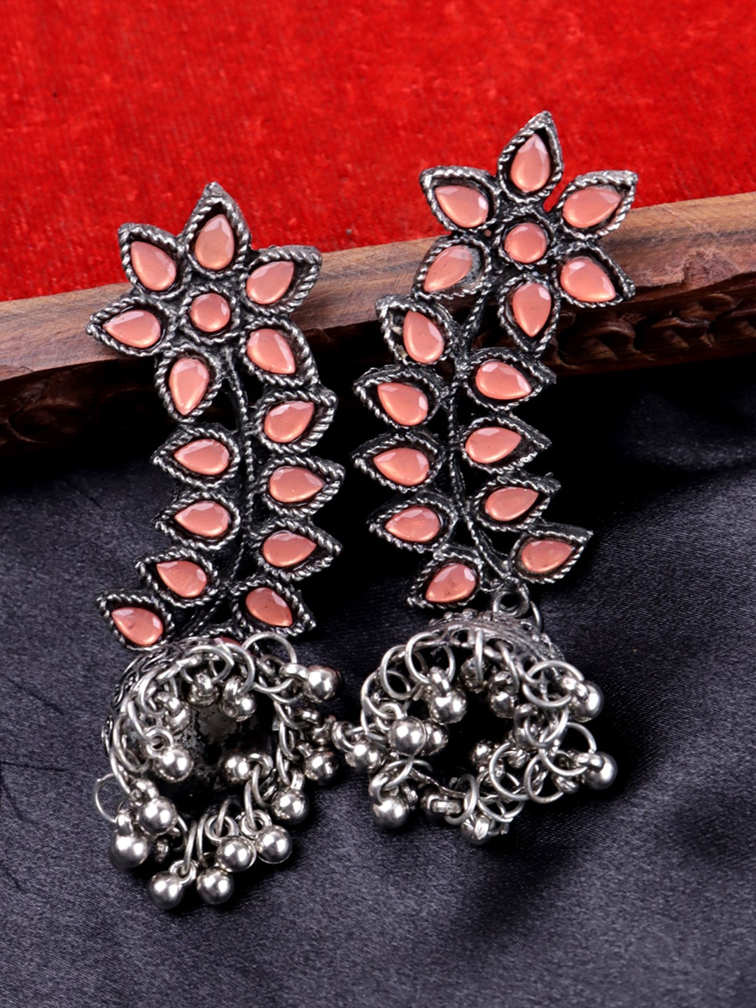 

Krelin Floral Leaf Shaped Oxidised Jhumki Earrings, Peach