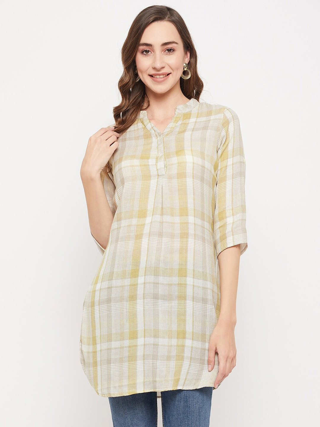 

Ruhaans Mandarin Collar Checked Pure Cotton A-Line Kurti, Beige