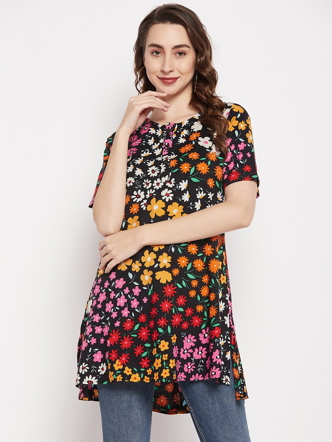 

Ruhaans Floral Printed Straight Kurti, Black