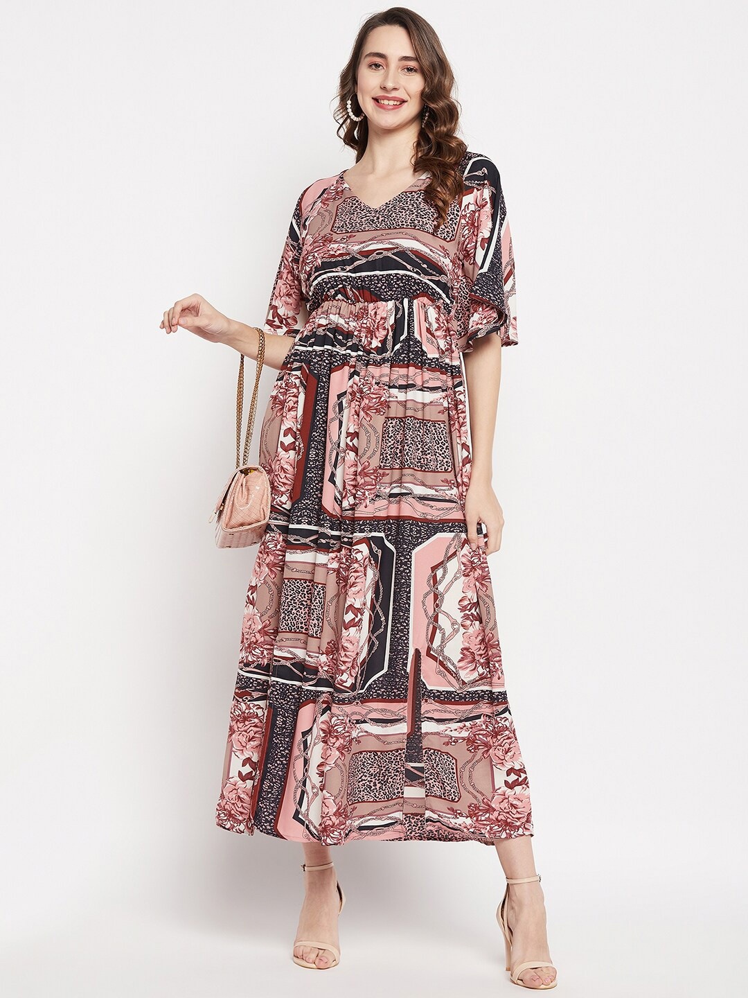 

Ruhaans V-Neck Ethnic Motifs Crepe Maxi Dress, Peach