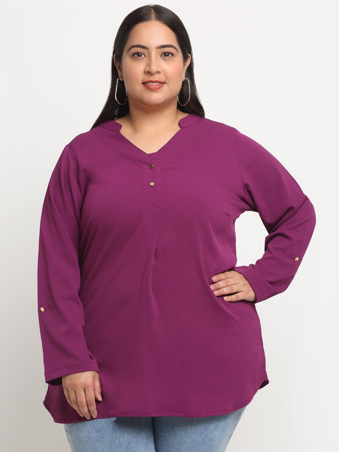 

plusS Mandarin Collar Pleated Top, Purple
