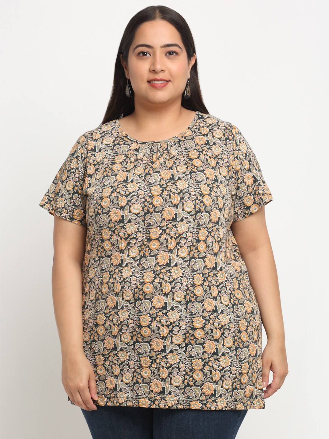 

plusS Floral Printed Longline Cotton T-Shirt, Black